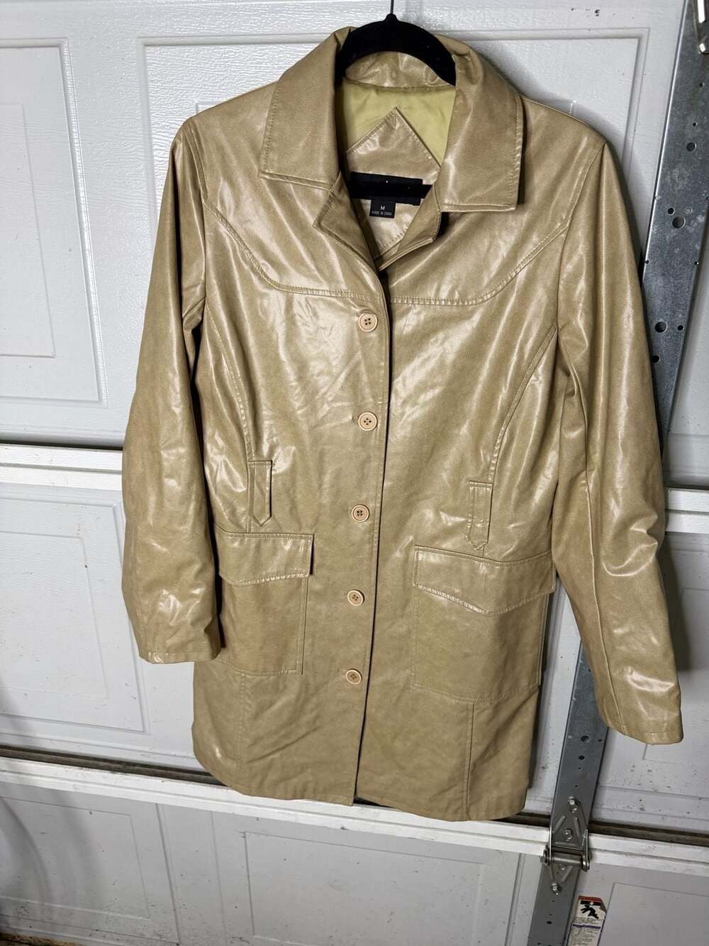 me jane Beige Patent Leather Button Front Longline Coat Size M